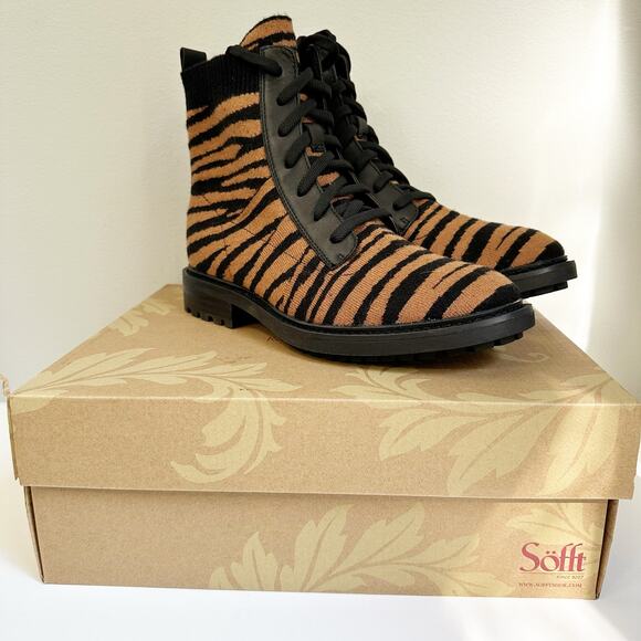Sofft Landee Women’s 9 Tiger Combat Knit Boots Black Tan NIB - Picture 1 of 6